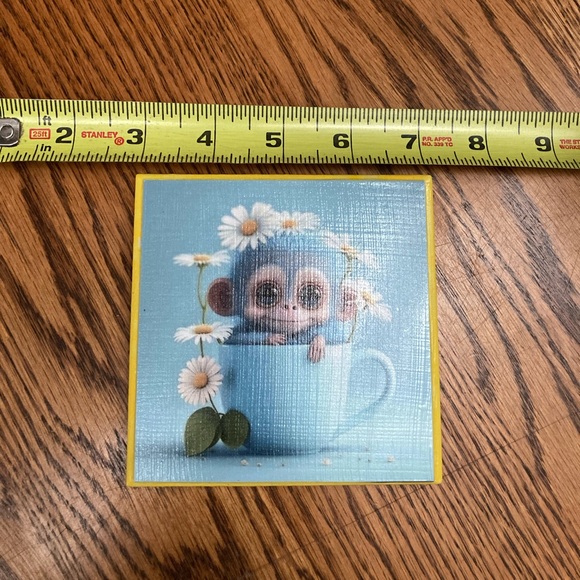 ☕️🐵🌼MONKEYinCUP🌼🐵☕️4x4 TILE cork back  HAND DECORATED COASTER/TRIVET/ART🐵🌼NEW🌼🐵 - Picture 3 of 4